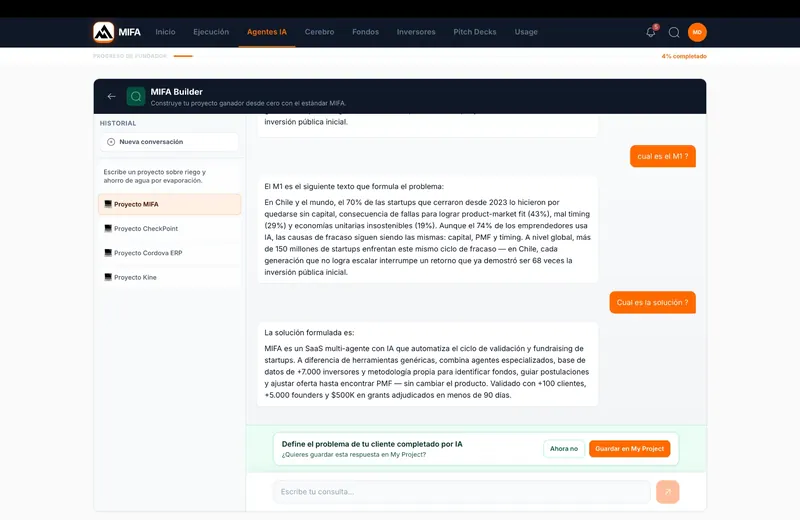 Agente MIFA Builder redactando el problema y la solución del proyecto